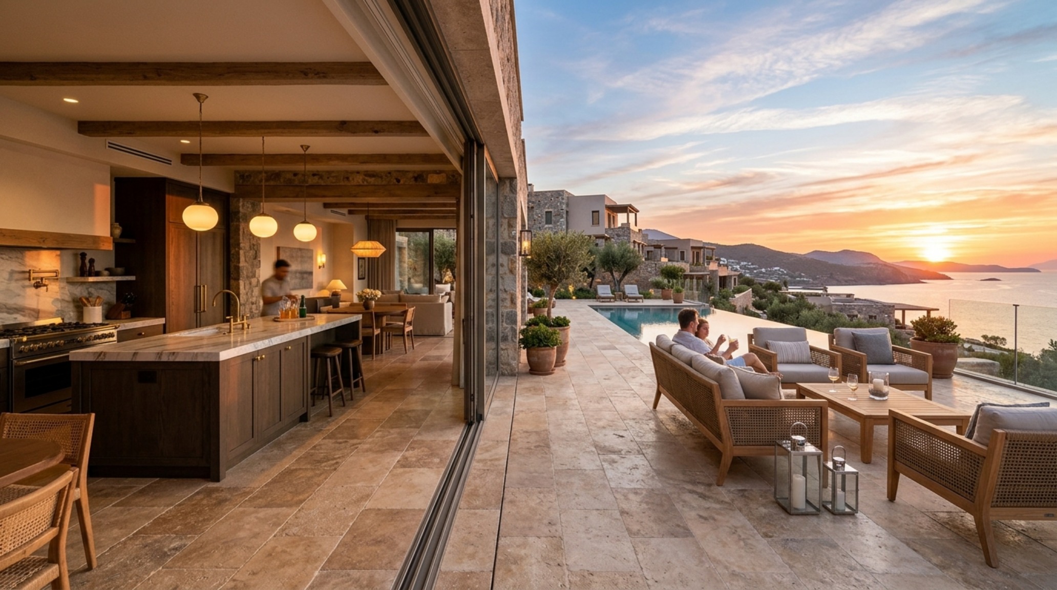 Indoor-outdoor kitchen flow with a continuous limestone floor plane and wide-plank oak accents under a Bahamian sunset.