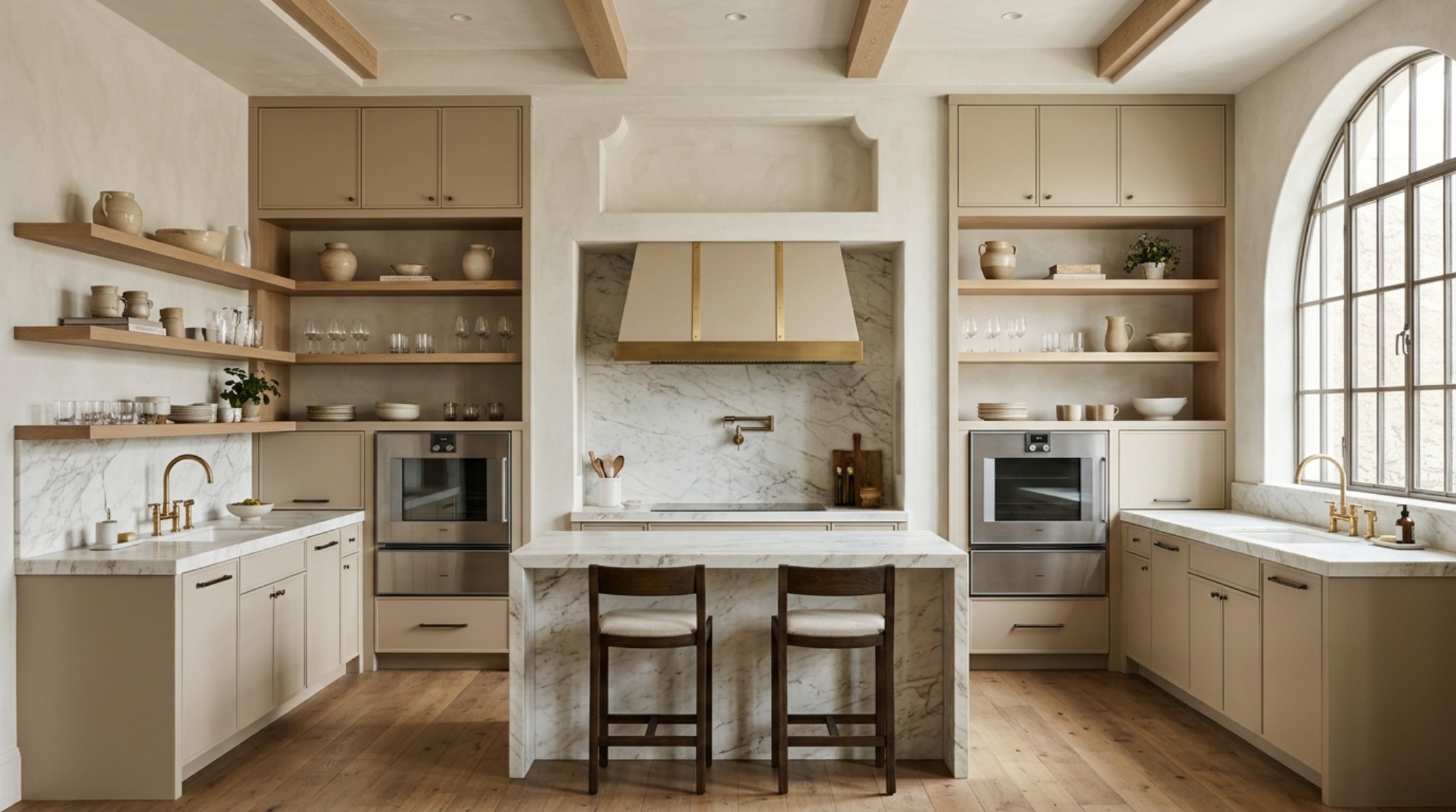 Symmetrical kitchen layout featuring sandy beige cabinets and open oak shelving against a soft limewash wall.