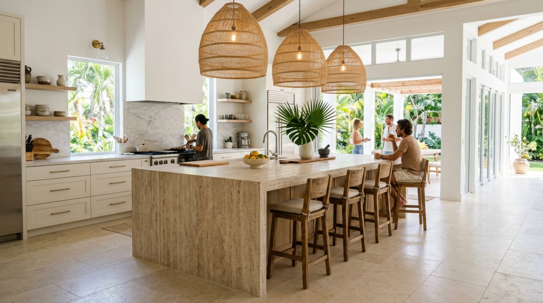 Luxury resort kitchen with oversized woven rattan pendants hanging over a monolithic honed travertine island.