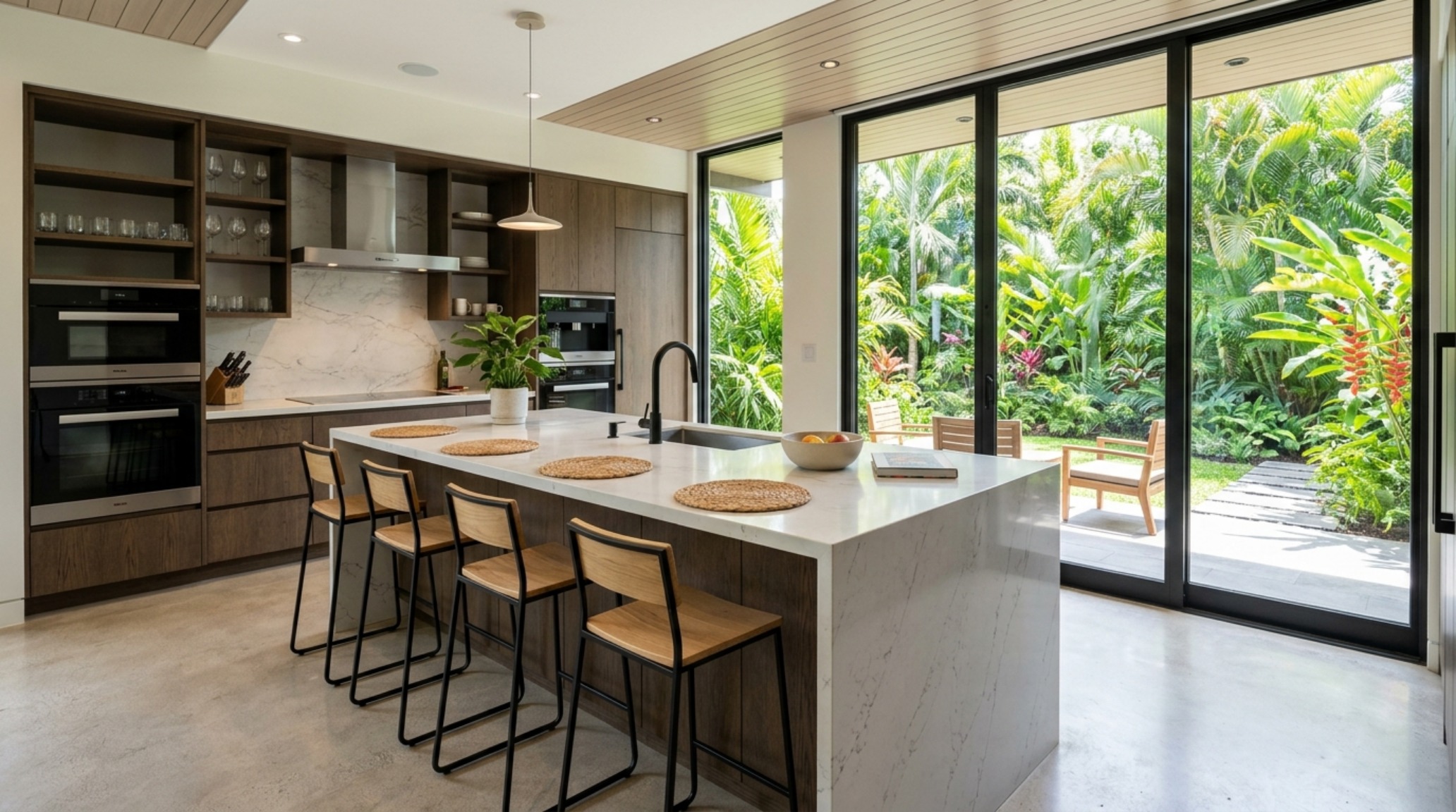 Architectural view of a kitchen with 48-inch wide walkways and floor-to-ceiling glass sliders opening to a tropical patio.