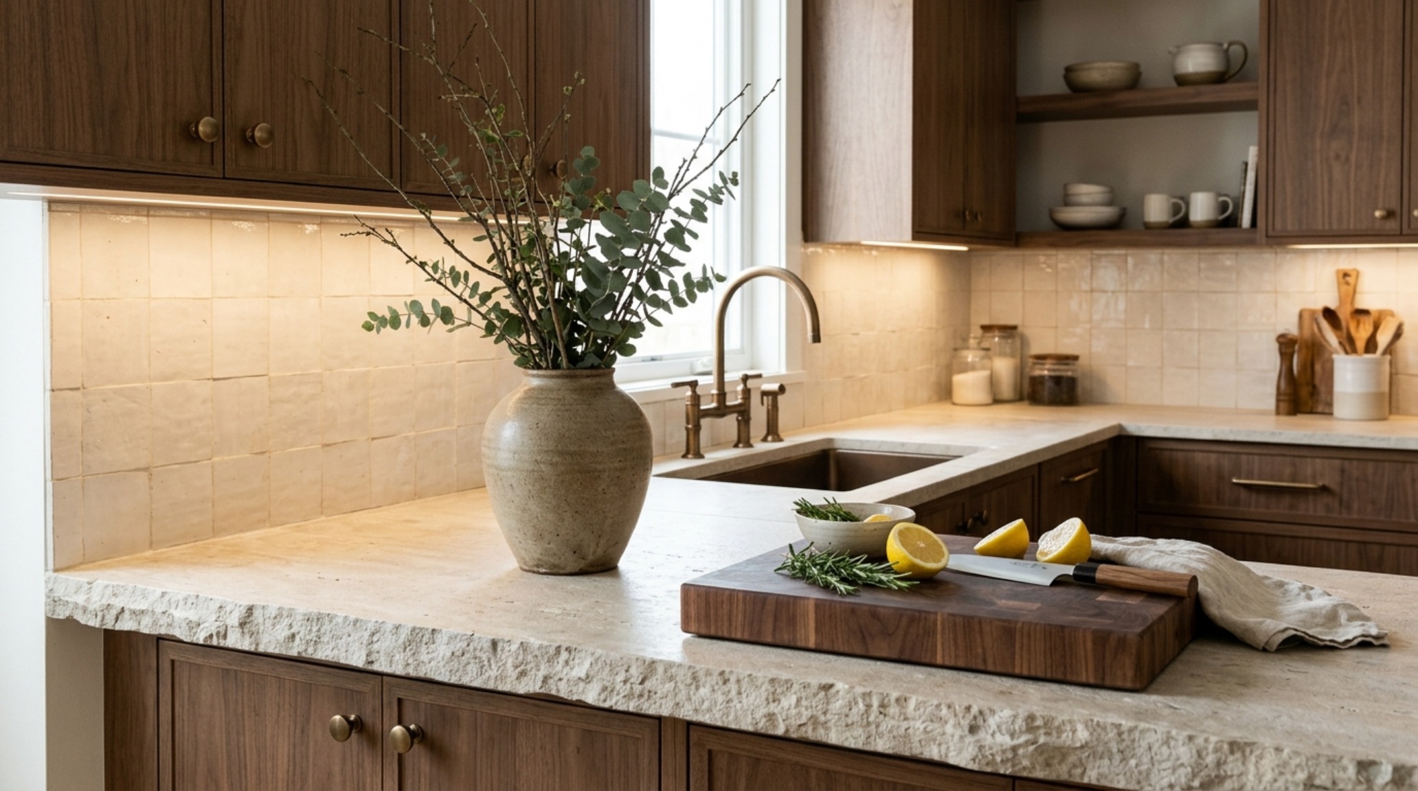 Close-up of a brushed brass faucet and undermount sink set into a thick mitered-edge stone countertop with natural daylight.