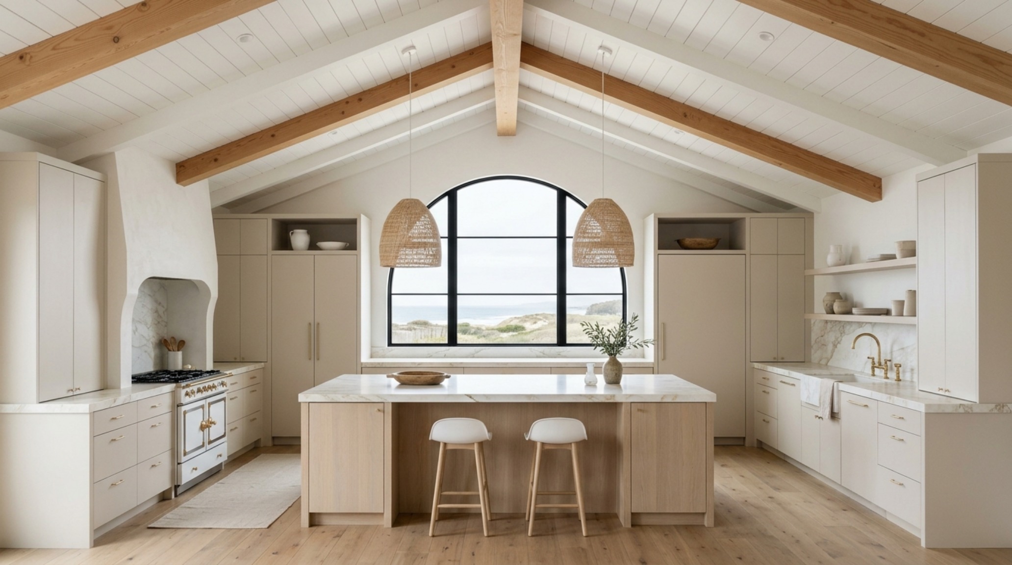 Modern coastal kitchen with vaulted ceilings and a clean sightline leading from the island to a minimalist stone fireplace.