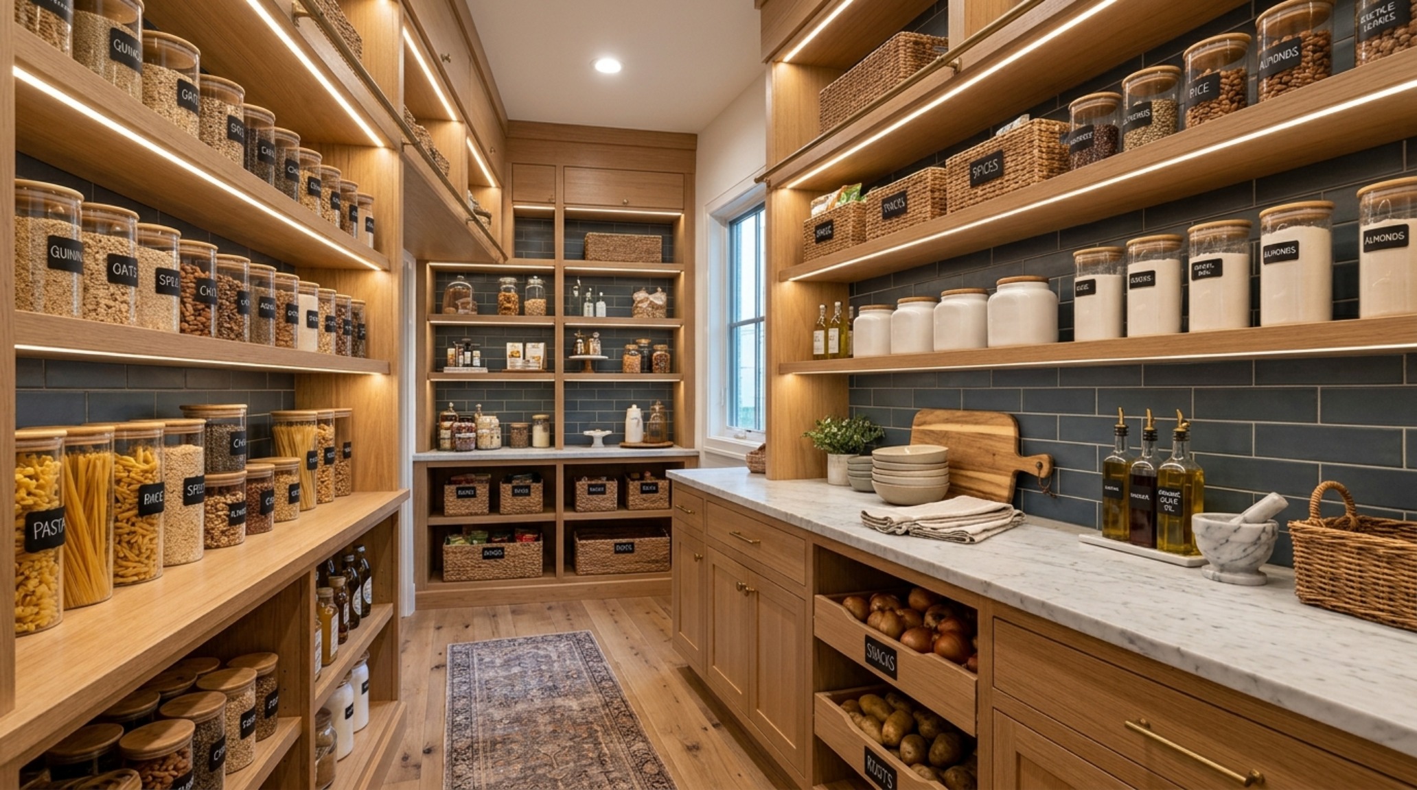 Spacious pantry organization featuring custom white oak built-ins and organic ceramic storage jars in a resort-style home.