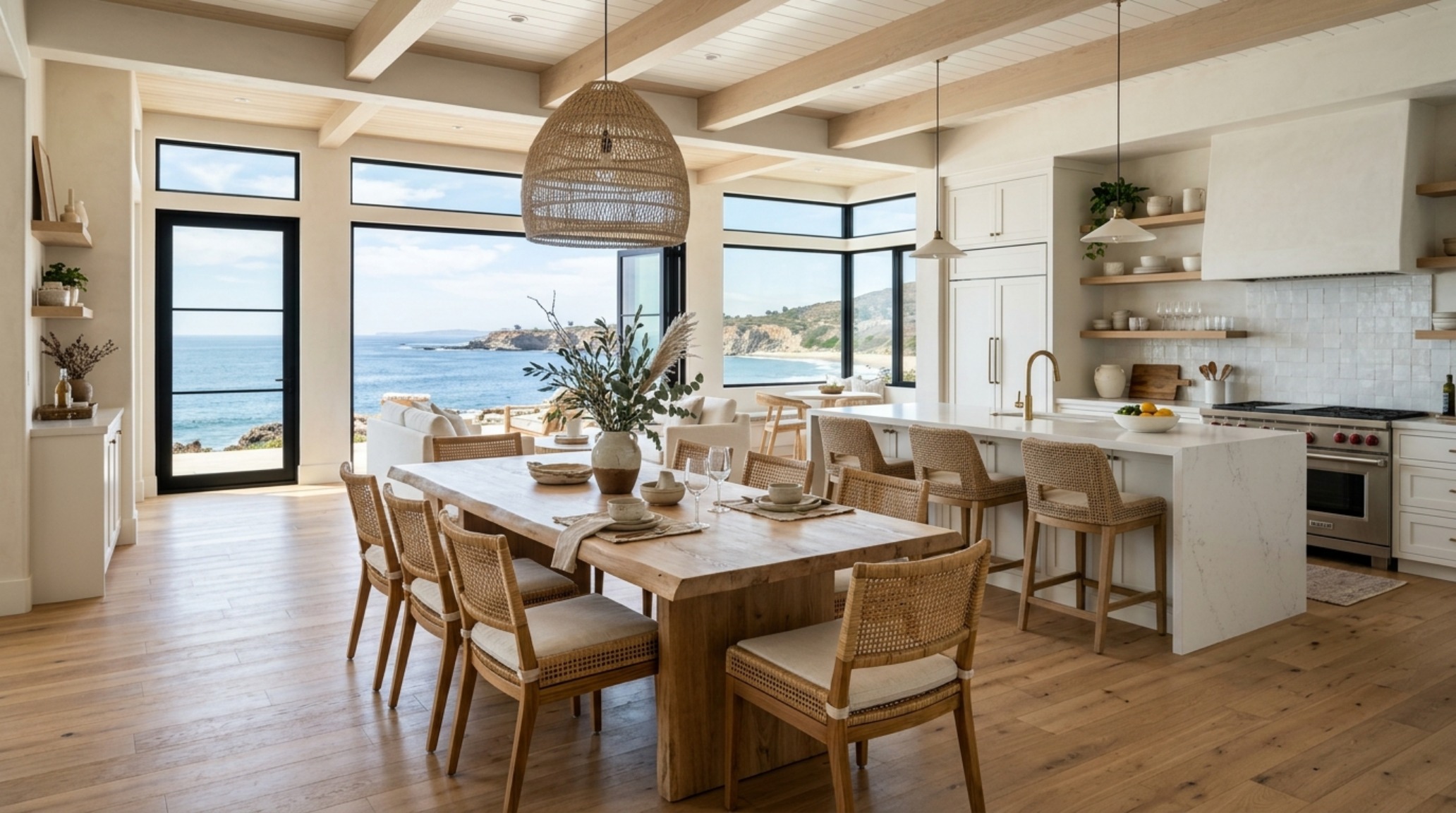 Dining area adjacent to a grand-scale kitchen with light limestone flooring and a minimalist oak dining table.