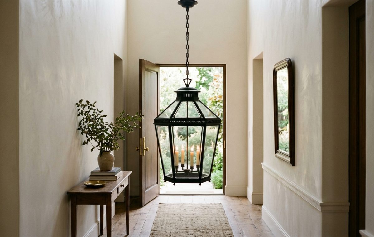A narrow entryway featuring a large black iron lantern hanging from a high ceiling over a vintage runner rug.