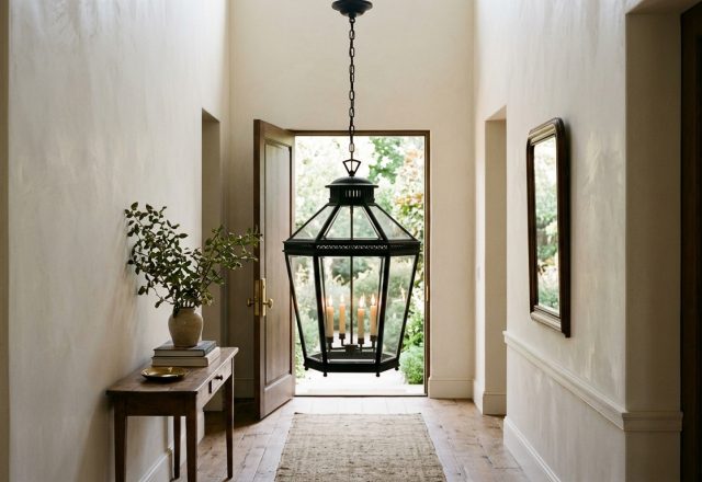 A narrow entryway featuring a large black iron lantern hanging from a high ceiling over a vintage runner rug.