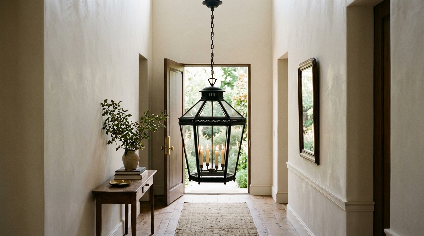A narrow entryway featuring a large black iron lantern hanging from a high ceiling over a vintage runner rug. A narrow entryway featuring a large black iron lantern hanging from a high ceiling over a vintage runner rug.
