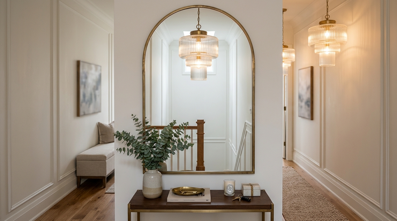 Small entryway console table with mirror reflecting a large tiered glass chandelier in a tight space. Small entryway console table with mirror reflecting a large tiered glass chandelier in a tight space.
