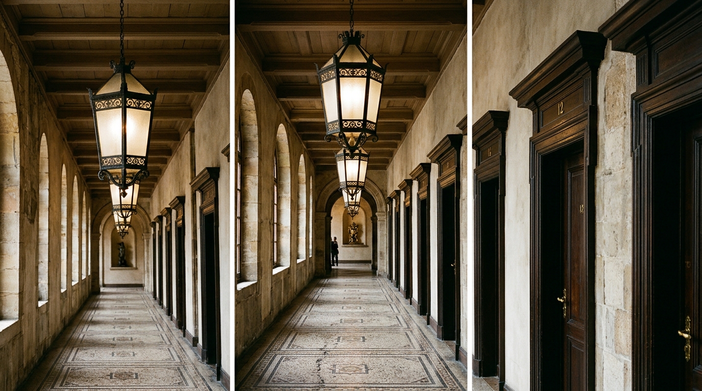 Looking down a narrow foyer with multiple hanging lanterns creating a rhythmic architectural sightline. Looking down a narrow foyer with multiple hanging lanterns creating a rhythmic architectural sightline.