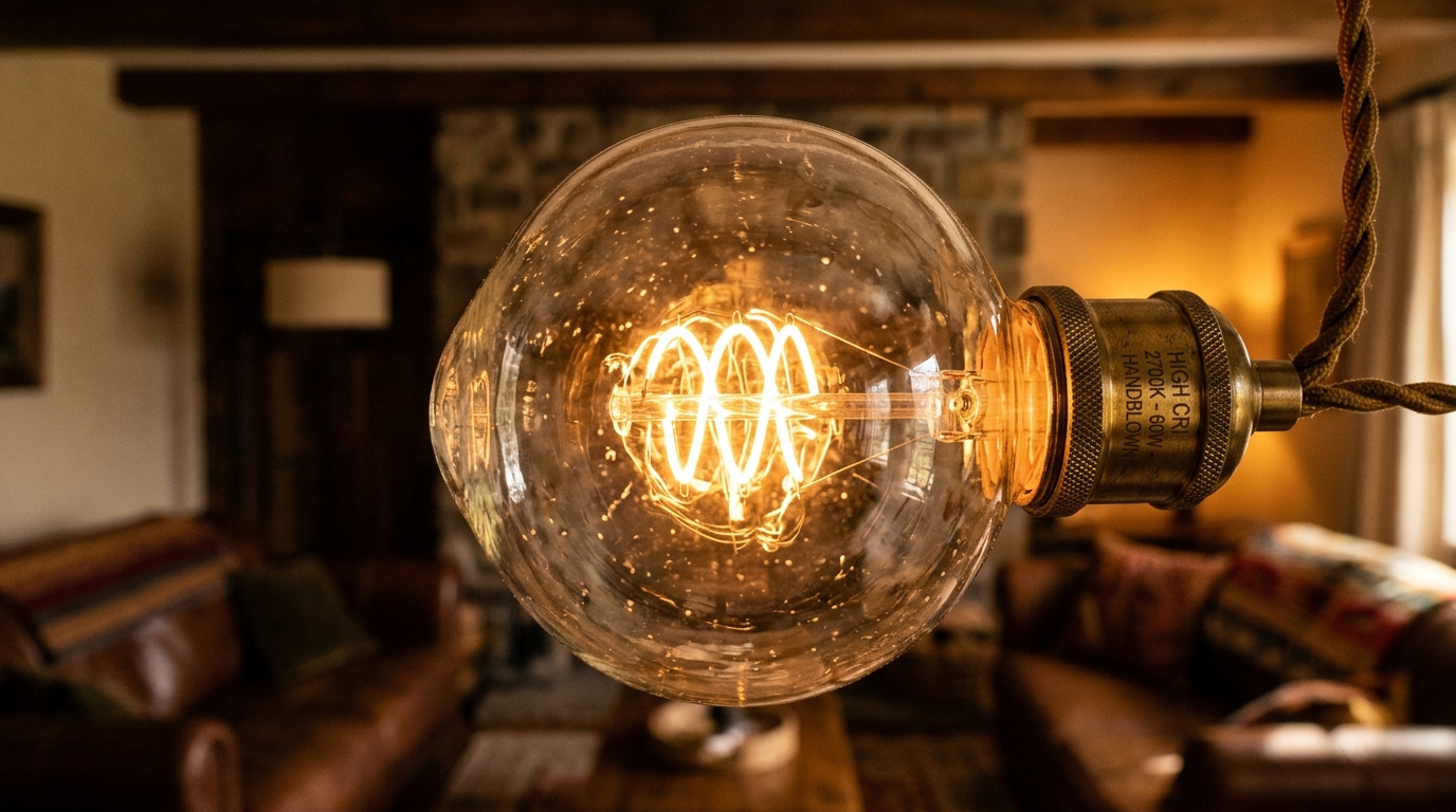 Detail of a 2700K high CRI light bulb inside a clear glass lantern in a luxury foyer. Detail of a 2700K high CRI light bulb inside a clear glass lantern in a luxury foyer.
