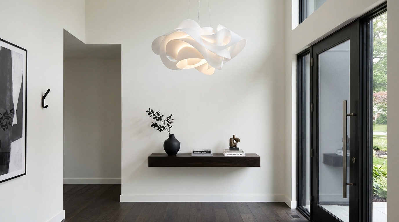 A chic narrow entry with a black metal console and a oversized white plaster dome light fixture. A chic narrow entry with a black metal console and a oversized white plaster dome light fixture.