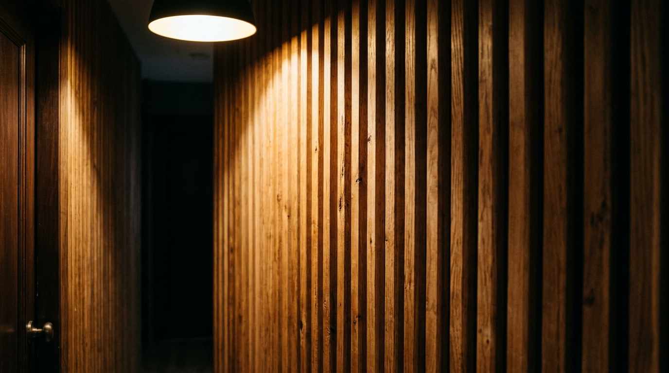Close-up of the interaction between warm light and a fluted wood wall panel in a narrow hallway. Close-up of the interaction between warm light and a fluted wood wall panel in a narrow hallway.