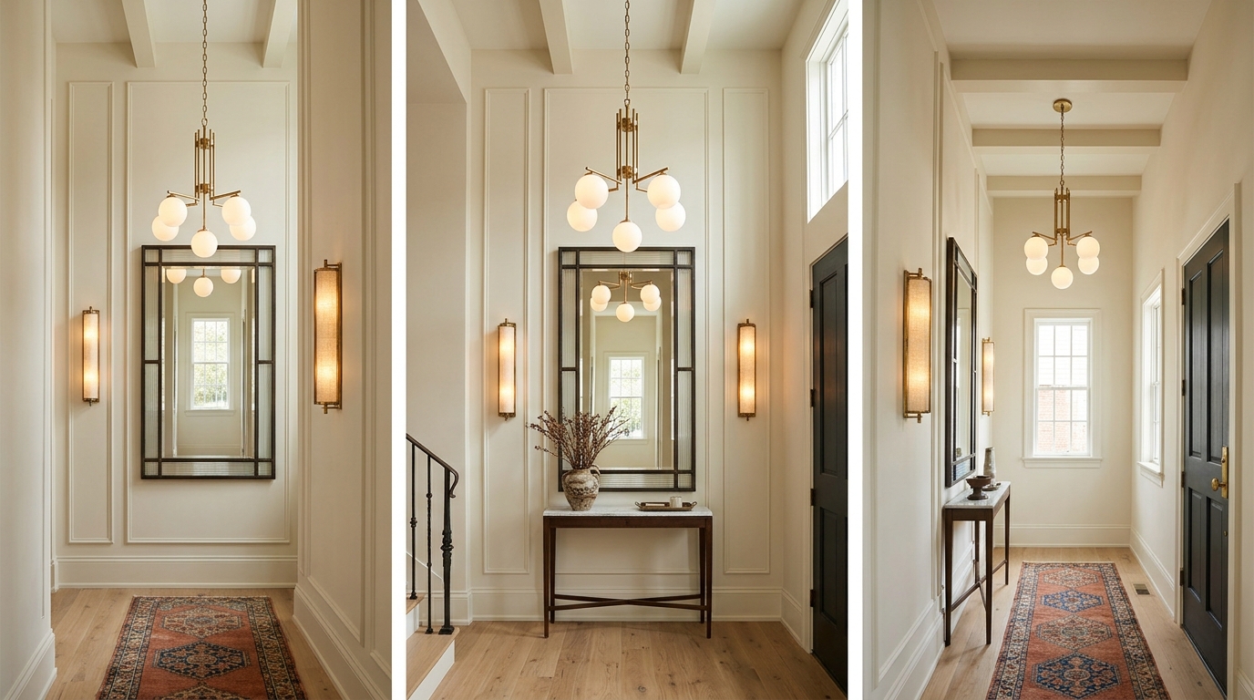 Modern narrow entryway ideas using vertical wall sconces paired with a central statement pendant. Modern narrow entryway ideas using vertical wall sconces paired with a central statement pendant.