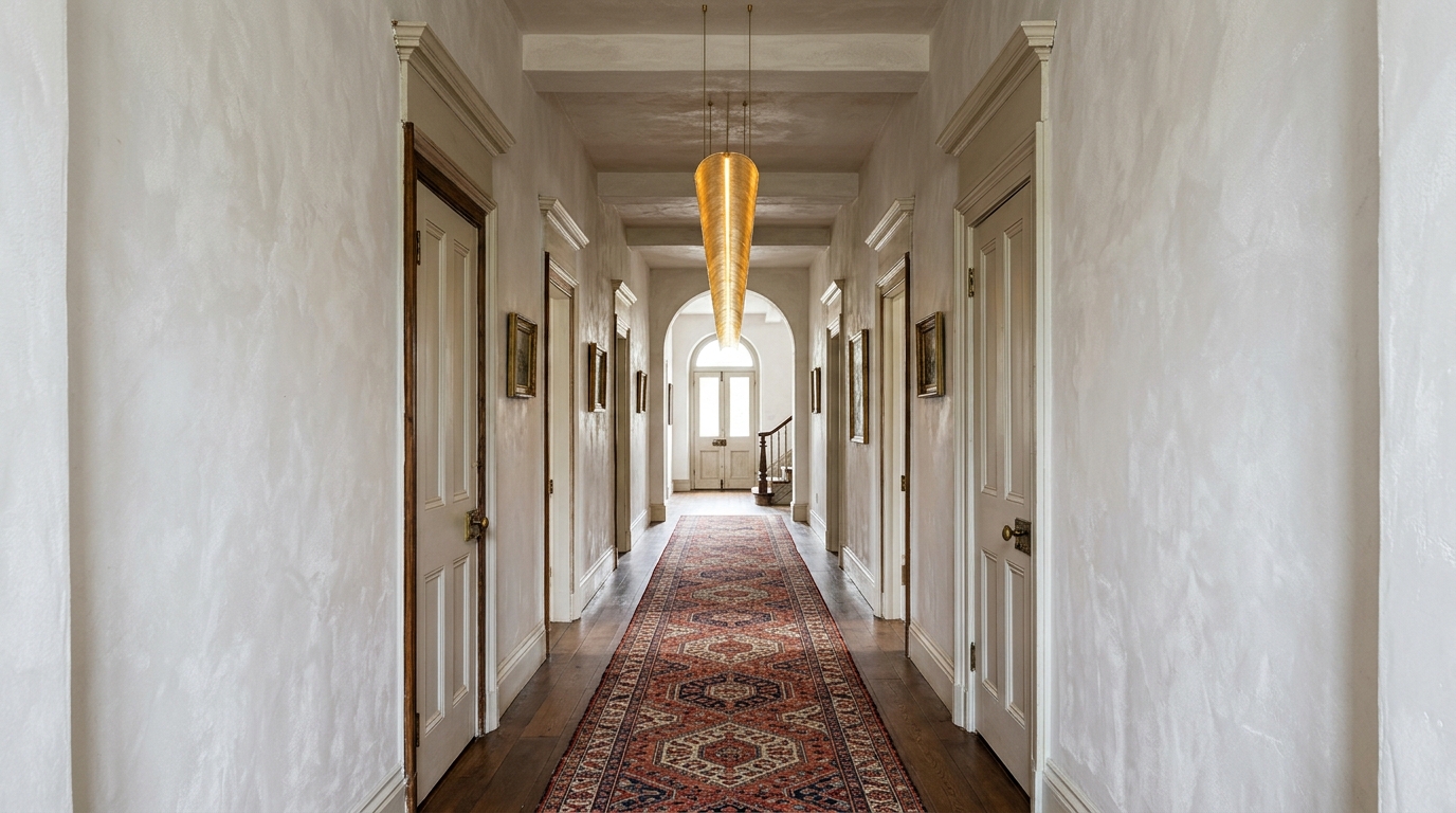 Architectural perspective of a long narrow hallway showing how a statement pendant creates a visual focal point. Architectural perspective of a long narrow hallway showing how a statement pendant creates a visual focal point.