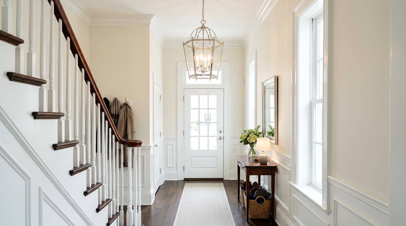 A bright and airy narrow foyer with Benjamin Moore Swiss Coffee walls and a polished nickel lantern. A bright and airy narrow foyer with Benjamin Moore Swiss Coffee walls and a polished nickel lantern.
