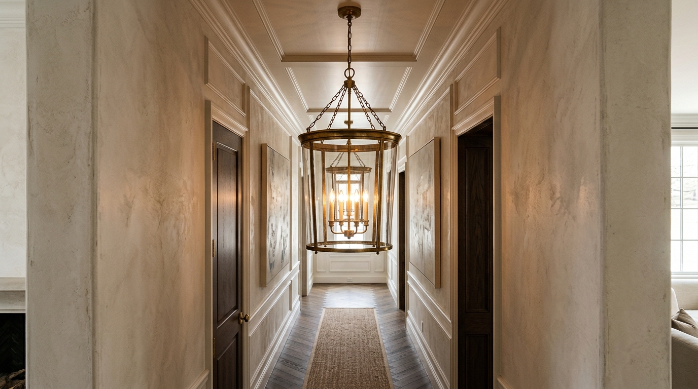 The rule of proportions shown with a massive 30-inch lantern in a 40-inch wide luxury hallway. The rule of proportions shown with a massive 30-inch lantern in a 40-inch wide luxury hallway.