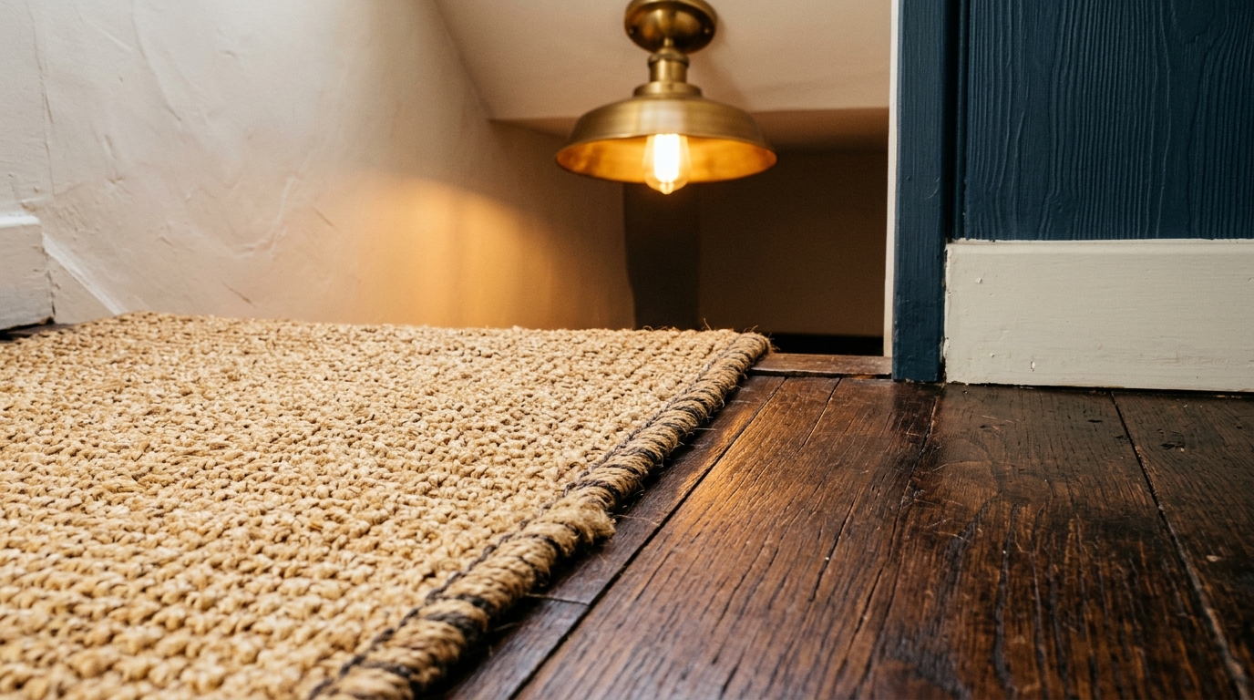 Tactile materials in an entry including a sisal runner, a concrete console, and a brass pendant. Tactile materials in an entry including a sisal runner, a concrete console, and a brass pendant.