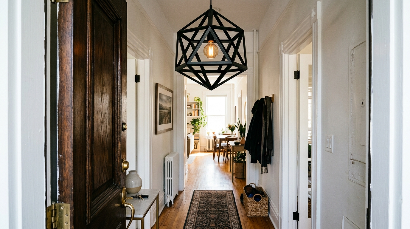 View from the front door looking into a narrow hallway anchored by a striking geometric light fixture. View from the front door looking into a narrow hallway anchored by a striking geometric light fixture.