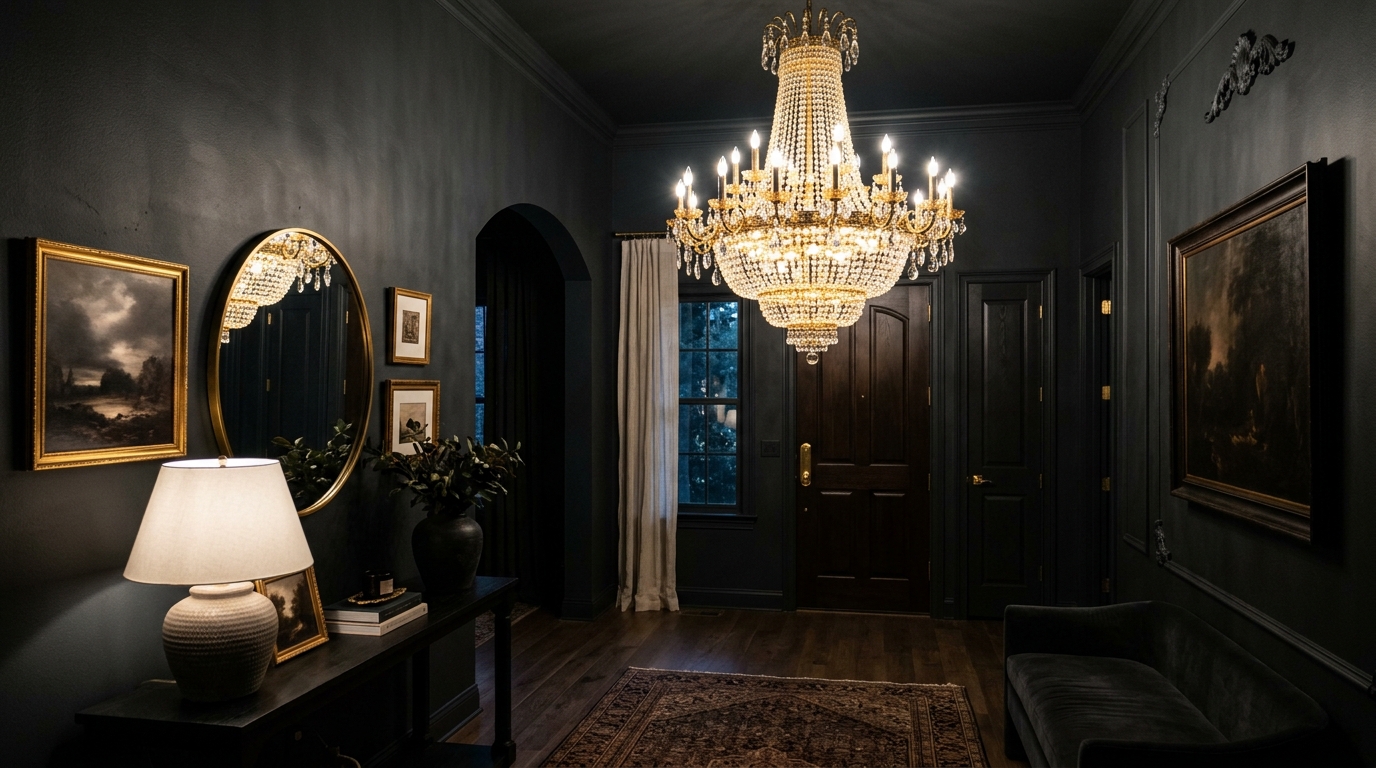 Entryway makeover with a dark moody palette and a bright gold statement chandelier. Entryway makeover with a dark moody palette and a bright gold statement chandelier.