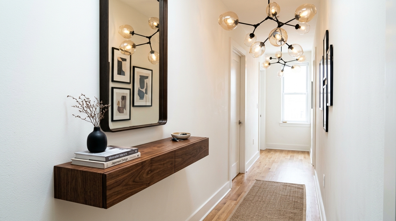 Small space solutions featuring a floating console table and a large-scale sculptural pendant. Small space solutions featuring a floating console table and a large-scale sculptural pendant.