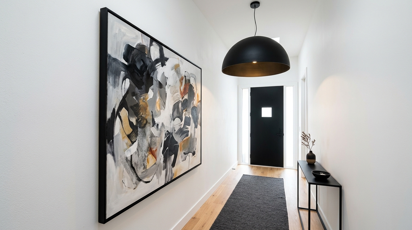Minimalist narrow entryway ideas with a single piece of art and a high-impact black pendant. Minimalist narrow entryway ideas with a single piece of art and a high-impact black pendant.