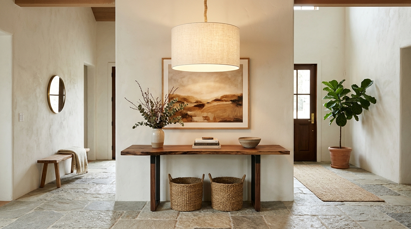 An organic modern entry with a live-edge console and a large linen shade pendant light. An organic modern entry with a live-edge console and a large linen shade pendant light.