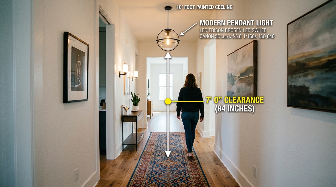 Detail of architectural clearance showing a pendant hanging 7 feet above a patterned hallway runner. Detail of architectural clearance showing a pendant hanging 7 feet above a patterned hallway runner.