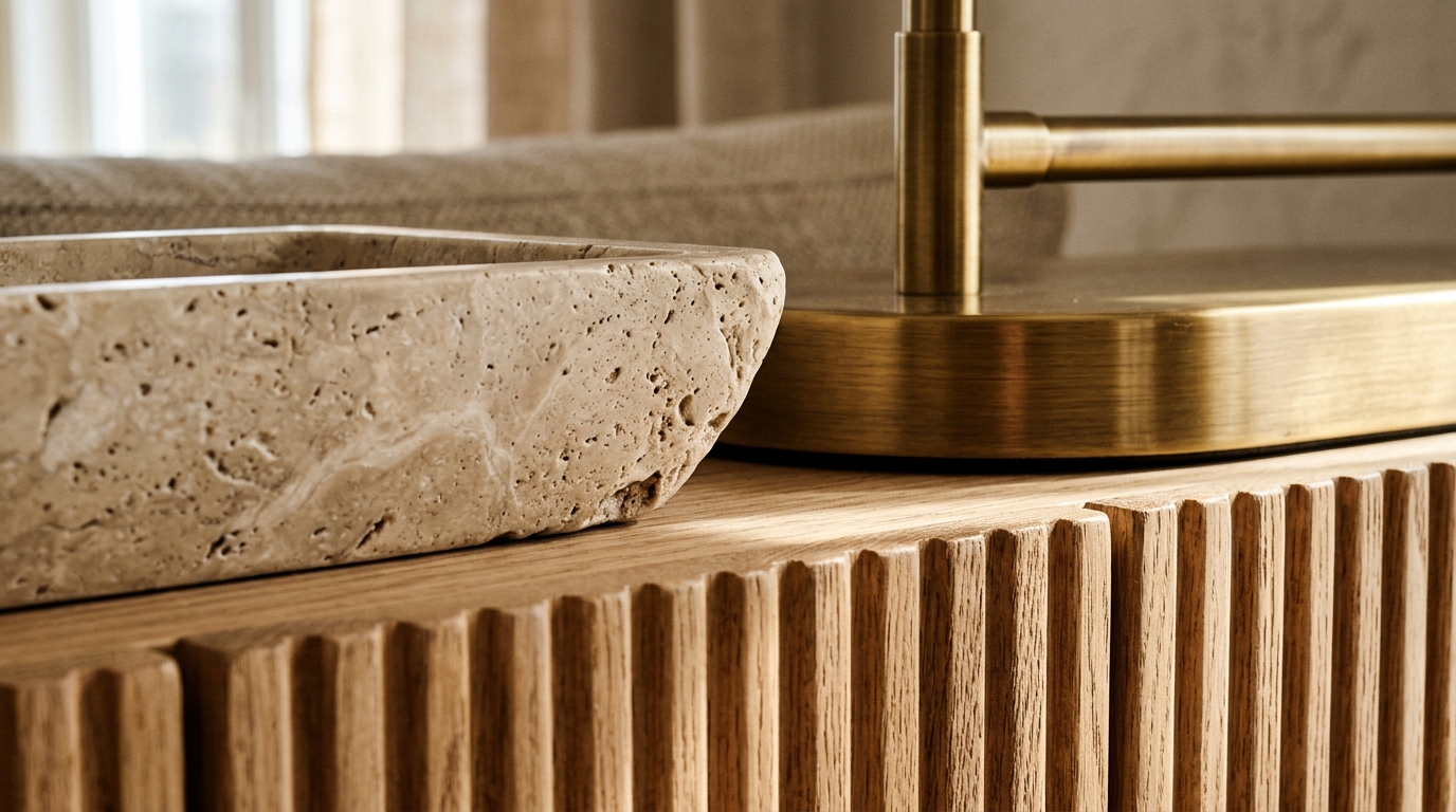 Close-up of a fluted white oak console table and a brass lighting fixture showing tactile material details. Close-up of a fluted white oak console table and a brass lighting fixture showing tactile material details.
