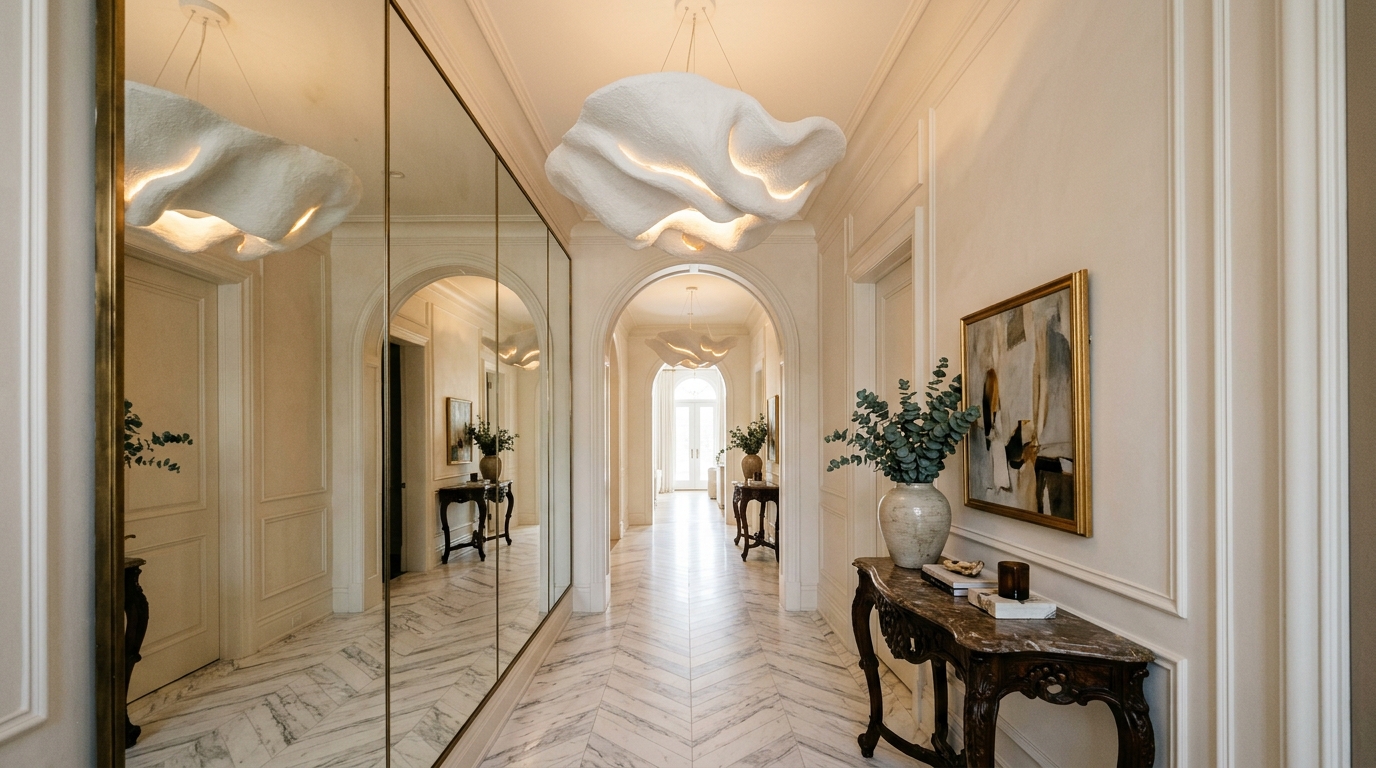 A luxury entryway featuring a custom plaster pendant and a tall antique mirror in a narrow space. A luxury entryway featuring a custom plaster pendant and a tall antique mirror in a narrow space.