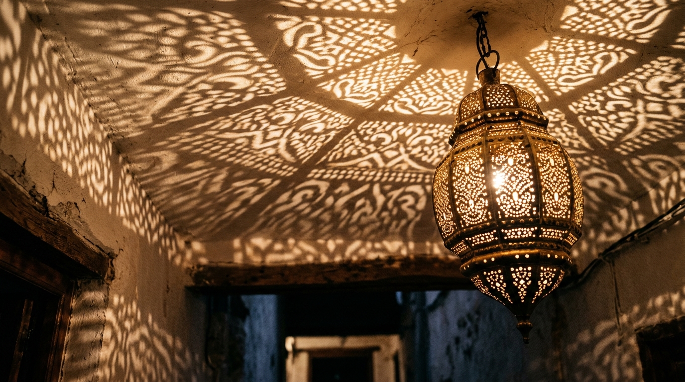 The effect of shadow play on a hallway wall created by a perforated metal pendant light. The effect of shadow play on a hallway wall created by a perforated metal pendant light.
