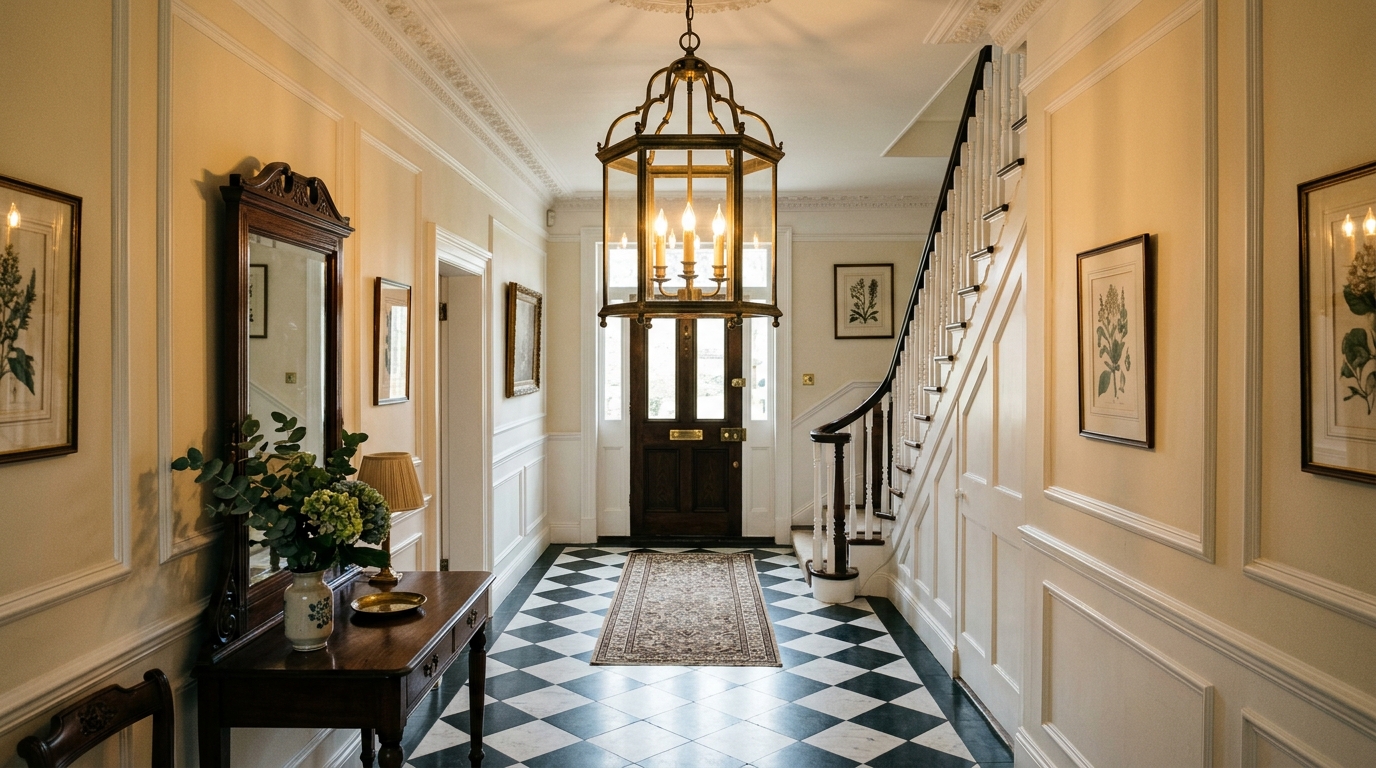 A narrow foyer with a checkerboard marble floor and a large traditional lantern light. A narrow foyer with a checkerboard marble floor and a large traditional lantern light.