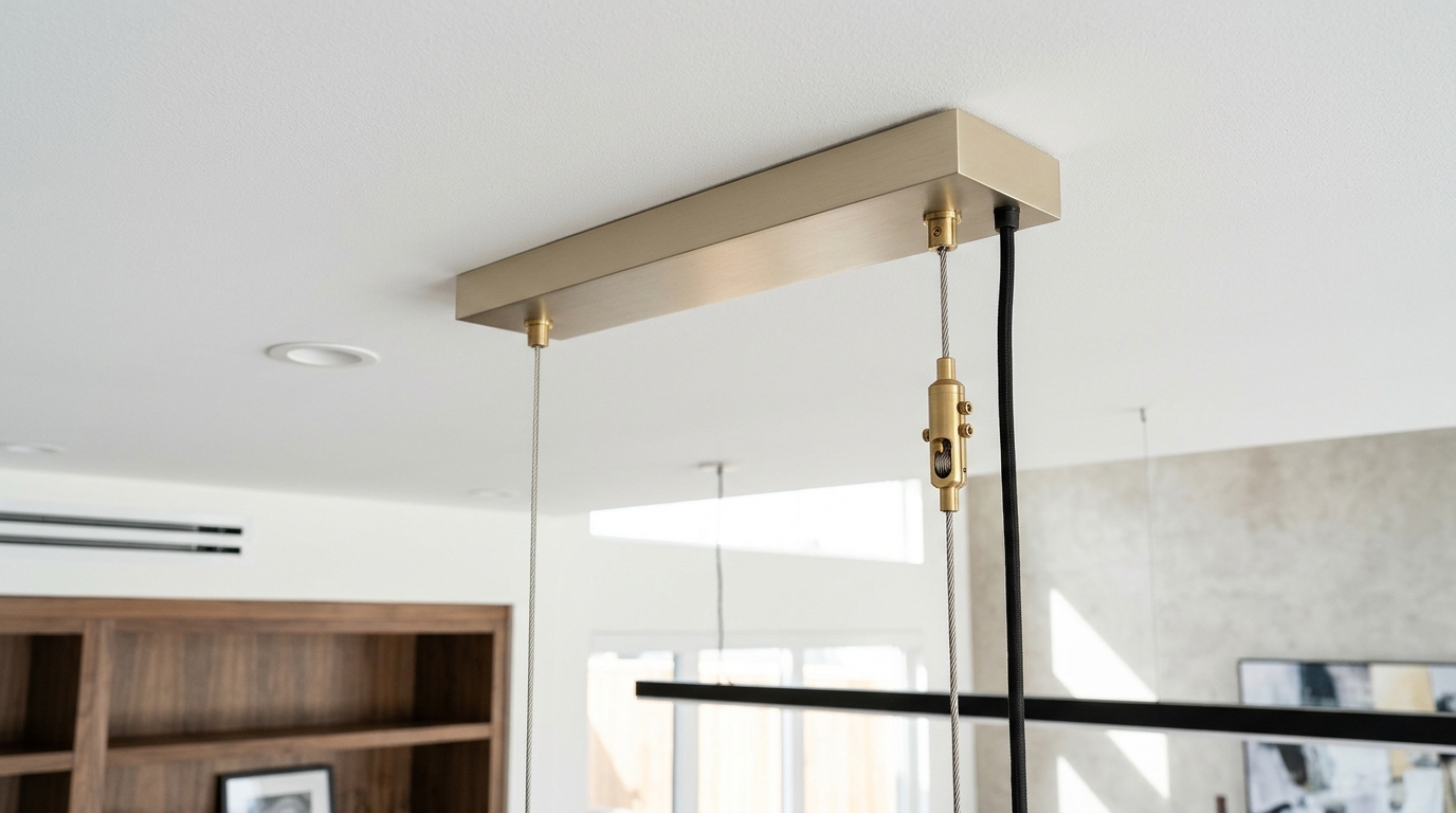 Close-up of a designer light fixture canopy against a perfectly painted ceiling in a narrow hall. Close-up of a designer light fixture canopy against a perfectly painted ceiling in a narrow hall.