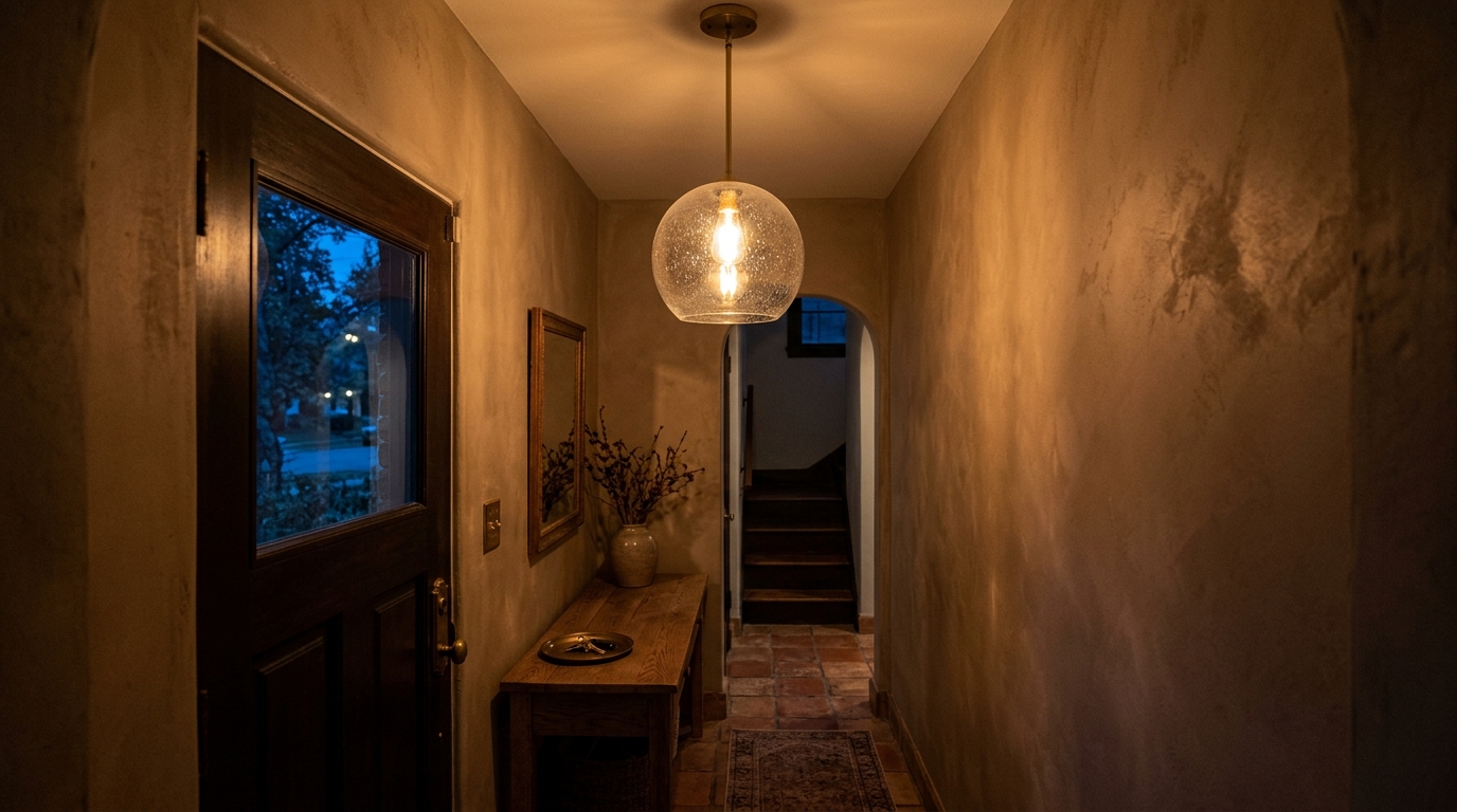 Atmospheric evening shot of a narrow foyer illuminated by 2700K warm lighting with soft shadows on plaster walls. Atmospheric evening shot of a narrow foyer illuminated by 2700K warm lighting with soft shadows on plaster walls.