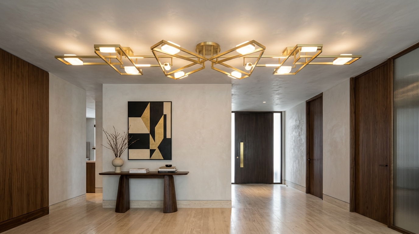 Luxury foyer lighting for low ceilings featuring a wide sculptural brass semi-flush mount in a modern entry. Luxury foyer lighting for low ceilings featuring a wide sculptural brass semi-flush mount in a modern entry.