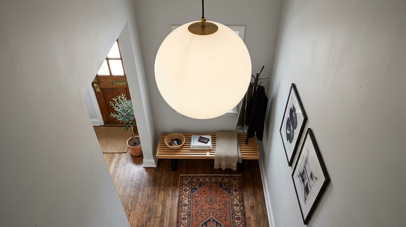 Narrow entryway ideas showcasing a minimalist oak bench and an oversized globe pendant light. Narrow entryway ideas showcasing a minimalist oak bench and an oversized globe pendant light.