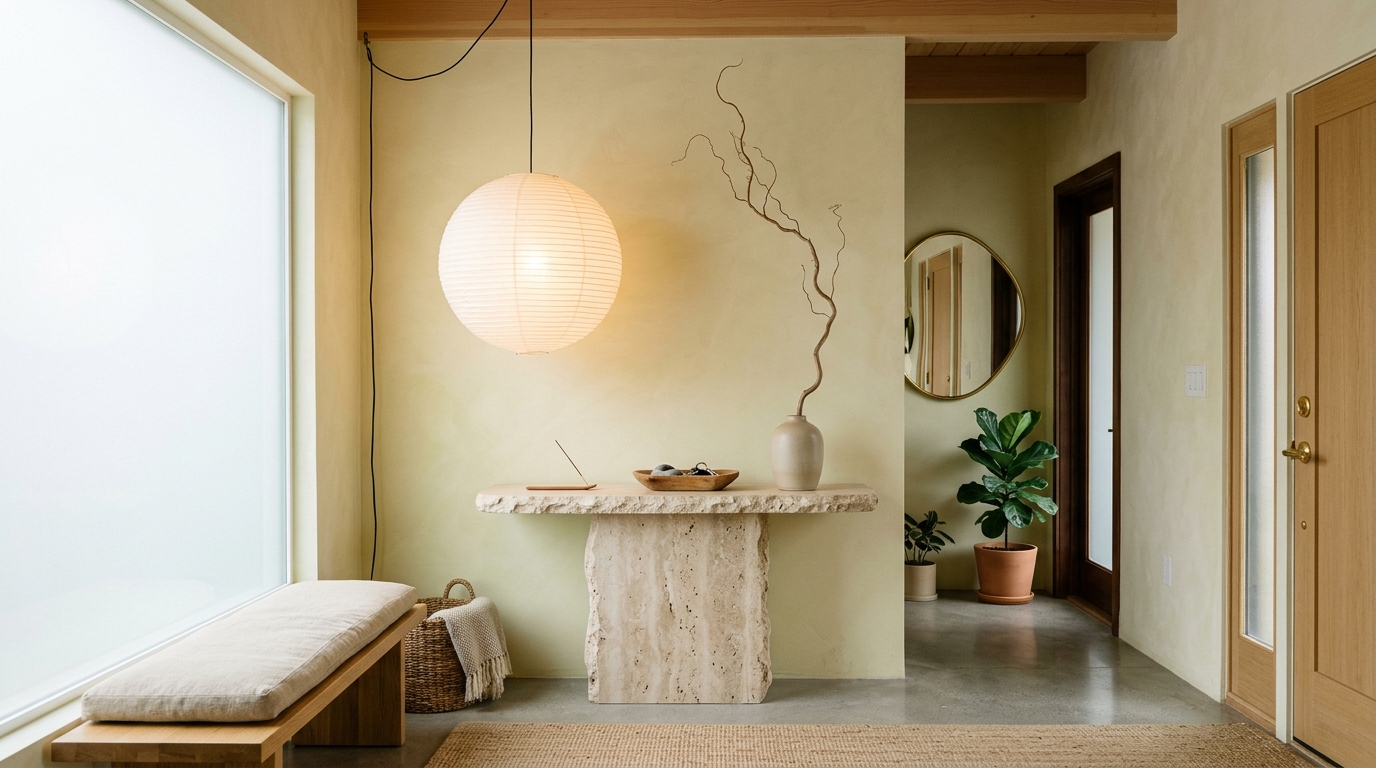 Organic modern entryway decor with a travertine console and a large paper lantern fixture. Organic modern entryway decor with a travertine console and a large paper lantern fixture.