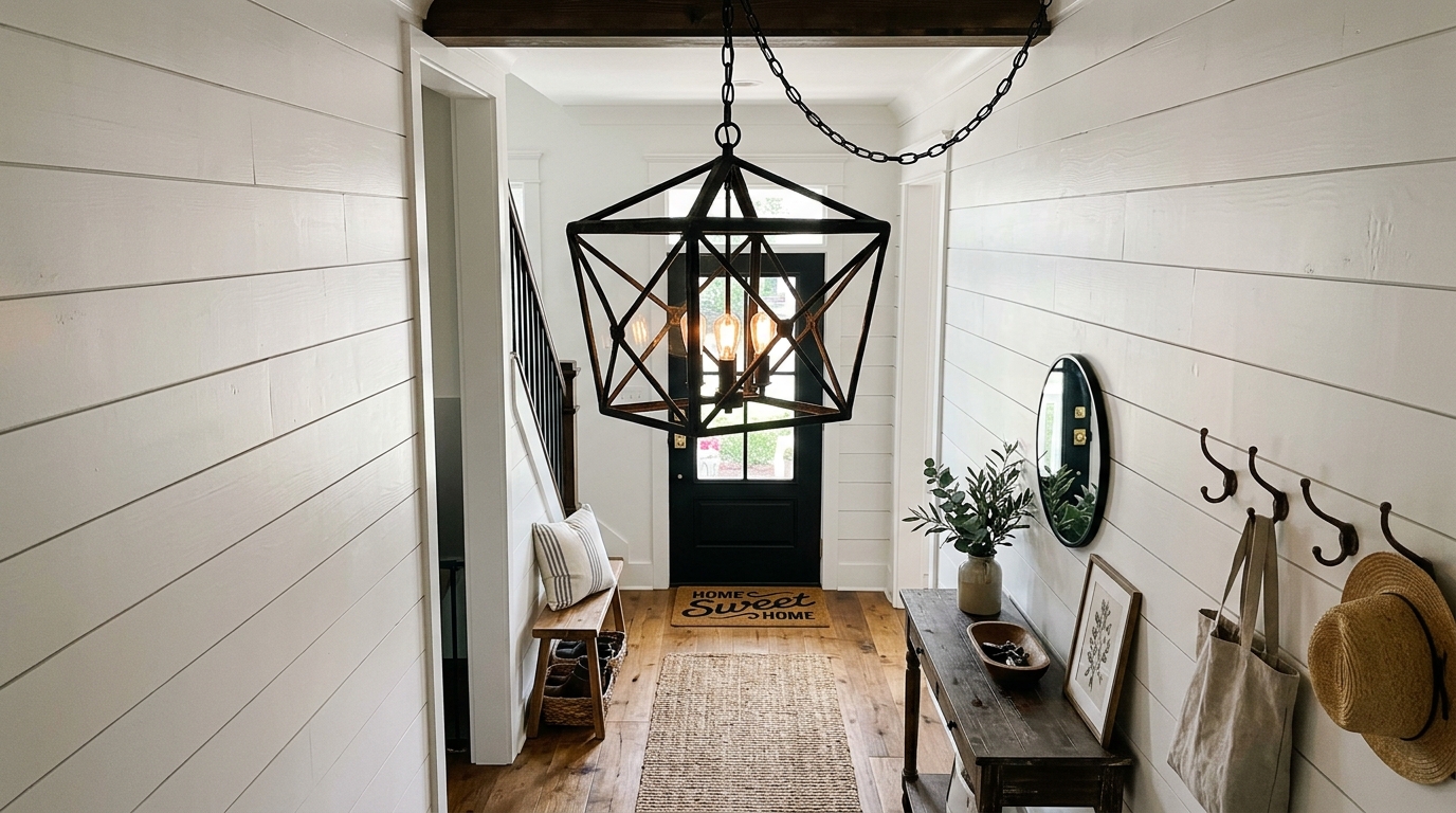 Small entryway lighting fixtures in a farmhouse style with a matte black cage lantern and white walls. Small entryway lighting fixtures in a farmhouse style with a matte black cage lantern and white walls.