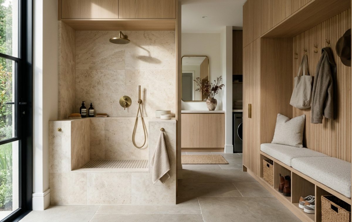 A modern luxury mudroom featuring a built-in dog wash station with honed travertine walls, brushed gold fixtures, and custom fluted white oak cabinetry.