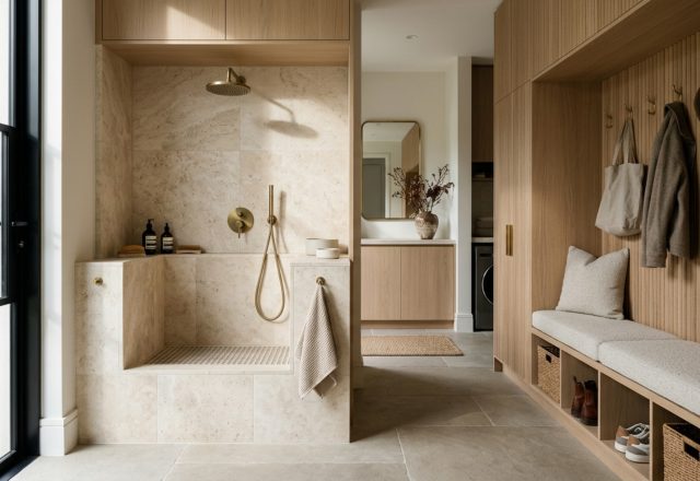 A modern luxury mudroom featuring a built-in dog wash station with honed travertine walls, brushed gold fixtures, and custom fluted white oak cabinetry.