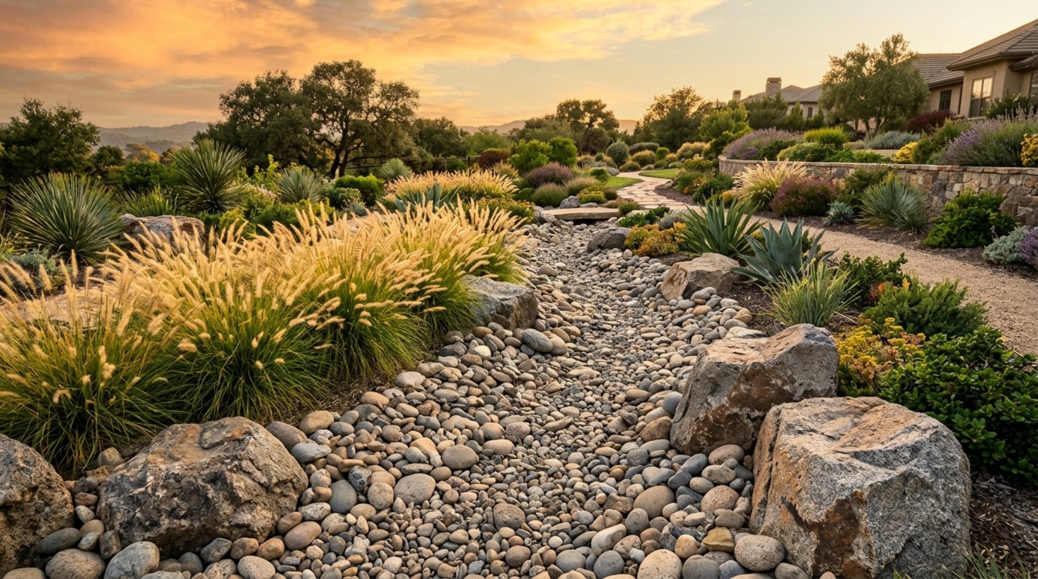 Architectural dry creek landscaping featuring varied sizes of tumbled river stones, granite boulders, and swaying Pennisetum ornamental grasses in a pet-safe backyard.