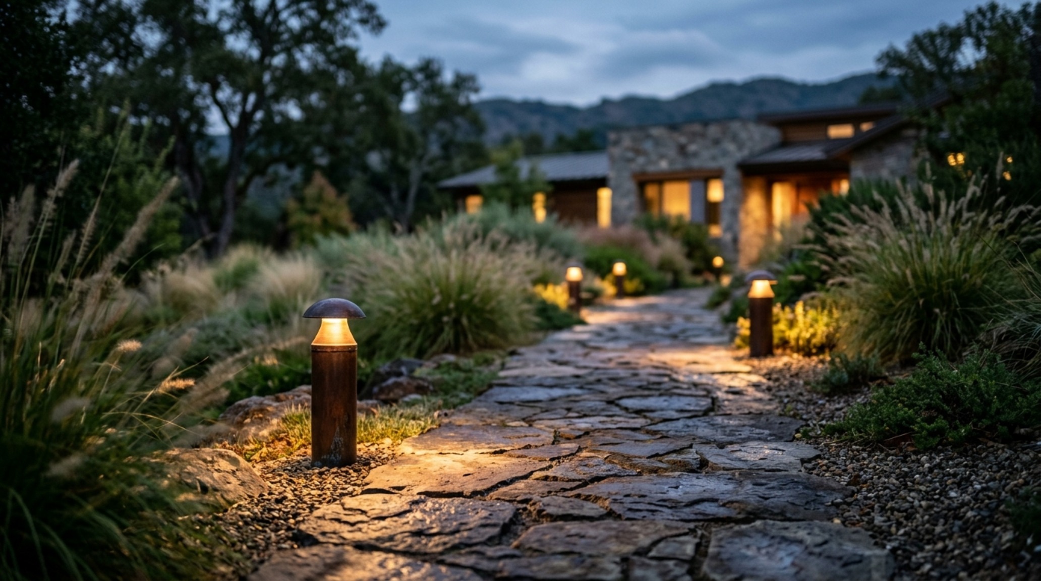 A sophisticated backyard path at dusk illuminated by 2700K copper low-voltage lighting, casting a warm glow over architectural grasses and textured stone paths.