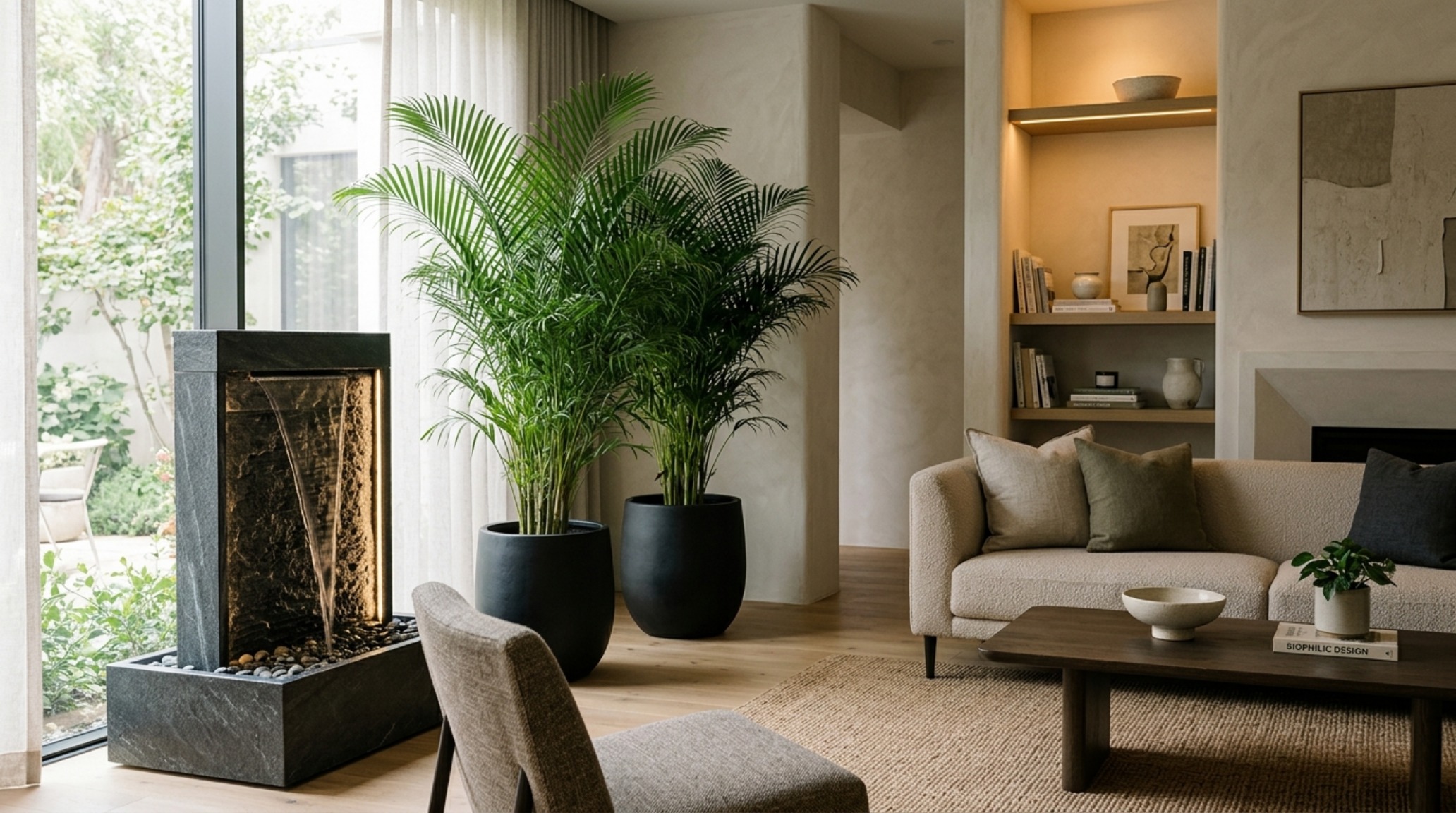 A luxury living room featuring a safe UV-sterilized indoor fountain surrounded by lush Areca Palms in matte ceramic pots, drenched in natural afternoon sunlight.