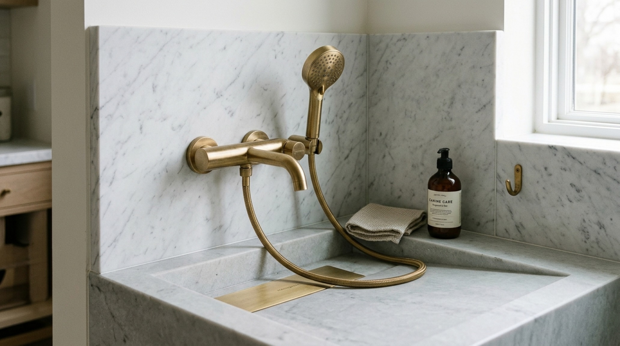 Detailed shot of a luxury dog wash station with a 42-inch primary circulation path, showcasing non-porous porcelain surfaces and high-end plumbing fixtures.