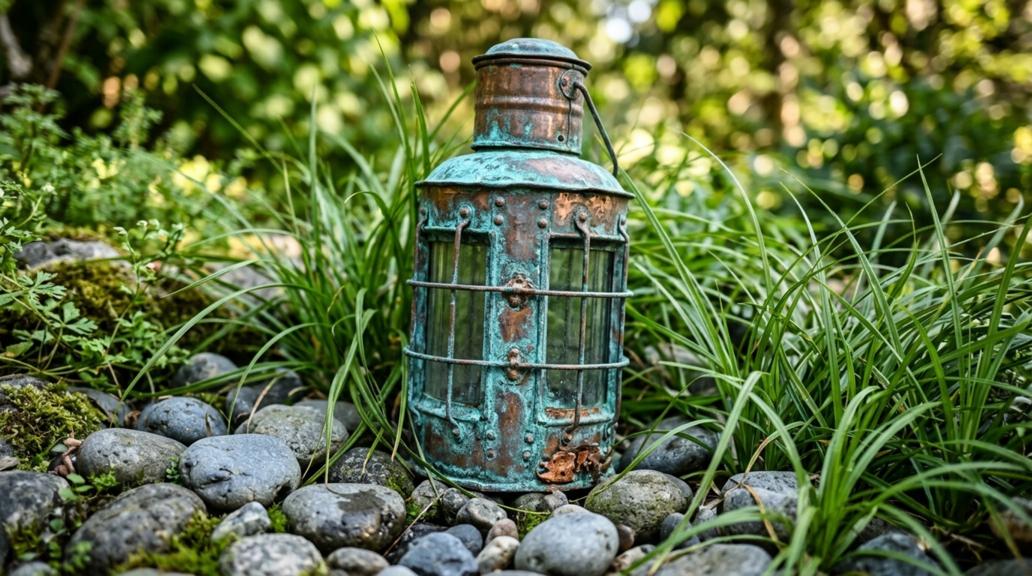 A close-up of landscape materiality showing the contrast between aged copper garden lights and the deep slate hues of a dry-stone riverbed feature.