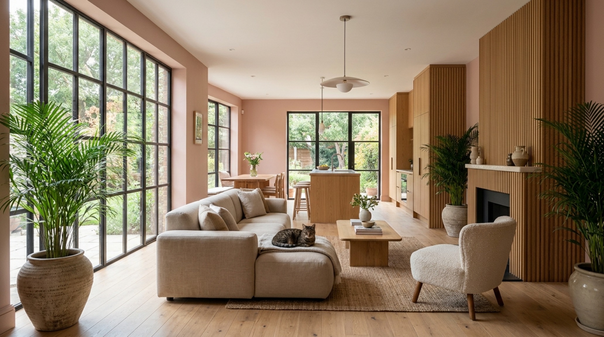 Interior view of a biophilic living zone emphasizing pet-safe interior design with non-toxic Areca Palms and custom fluted oak wall paneling.