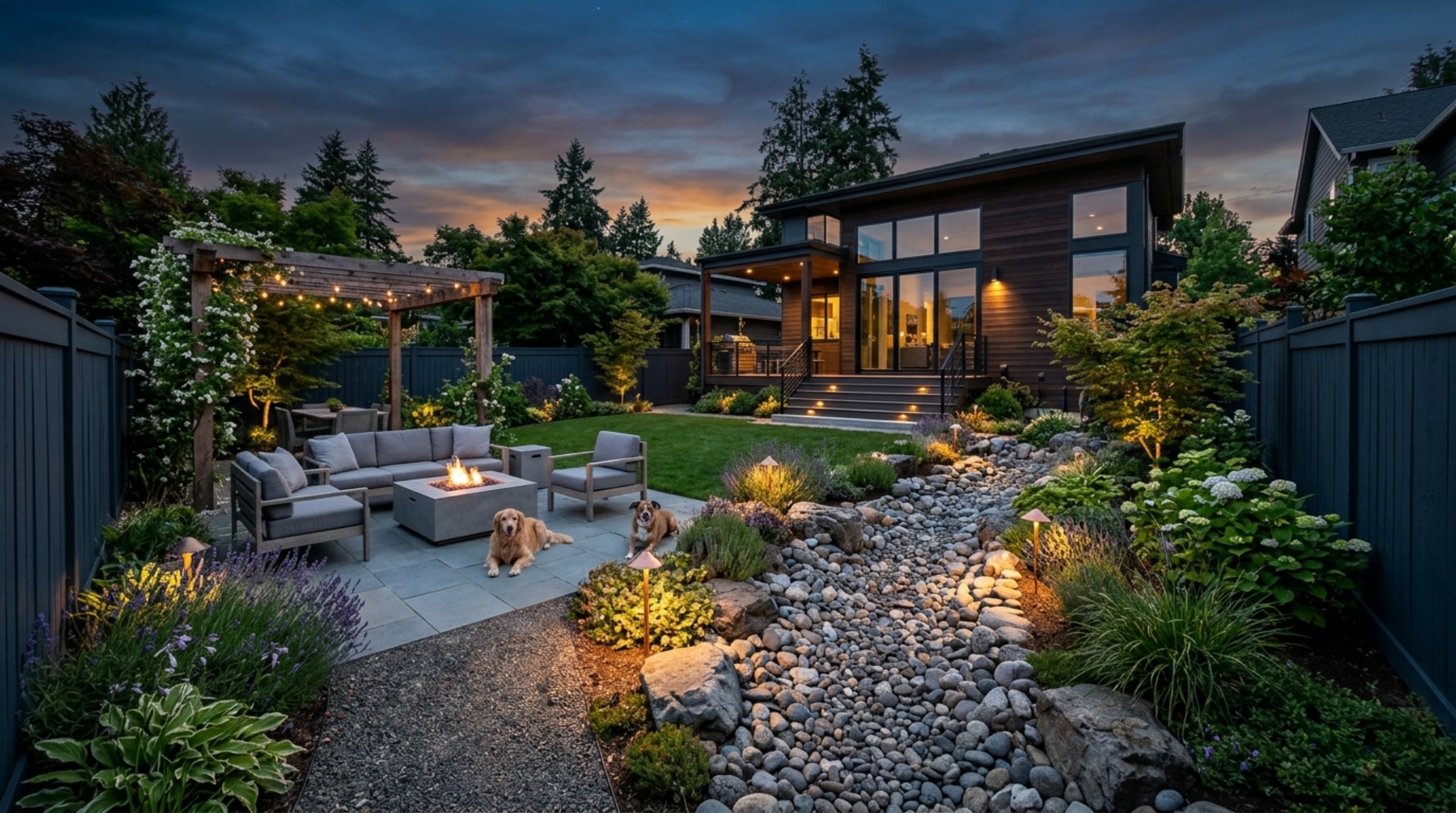 Aerial perspective of a pet-safe backyard layout featuring a modern dry-creek water feature alternative that eliminates the risk of blue-green algae.