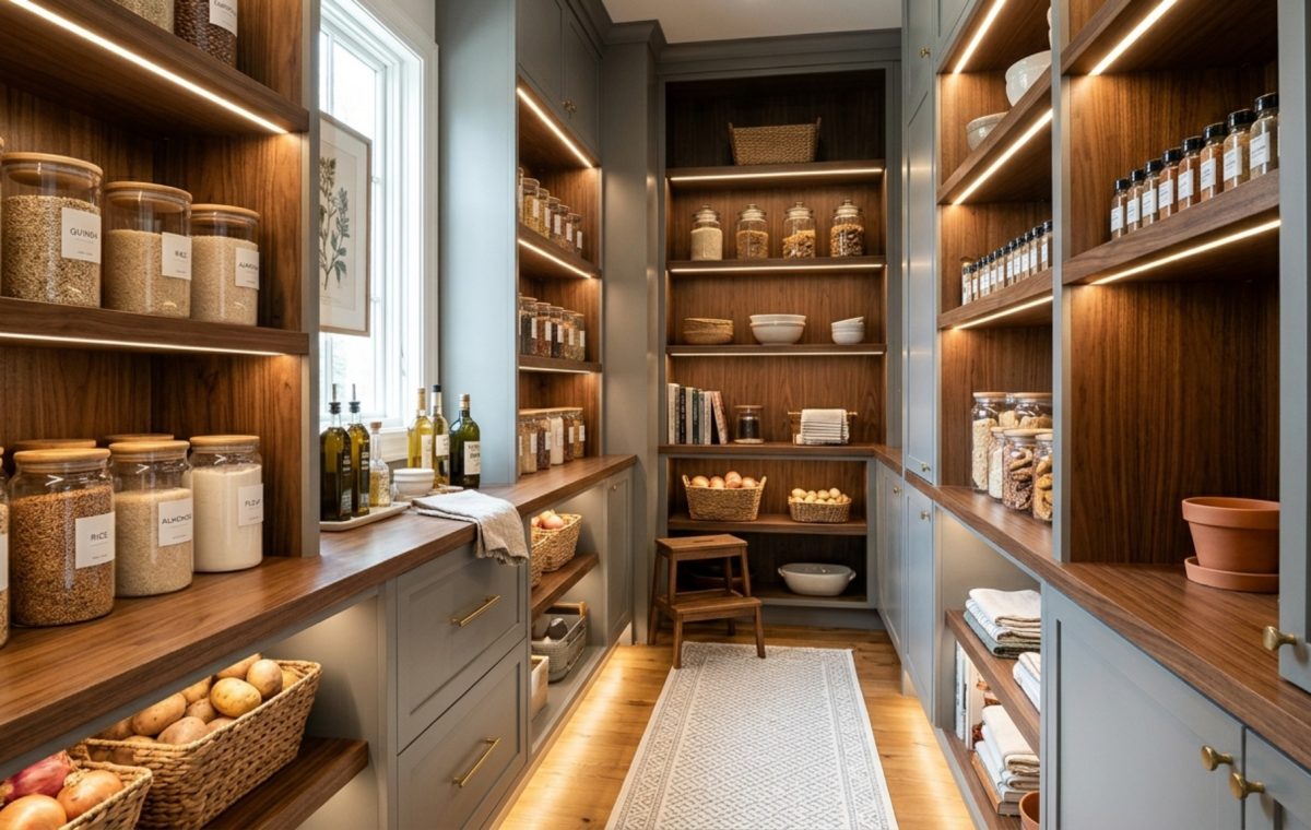 A sophisticated walk-in pantry featuring Benjamin Moore Metropolitan grey cabinetry and warm walnut shelving, demonstrating modern small pantry organization ideas with high-end finishes.