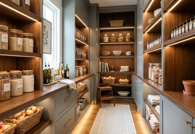 A sophisticated walk-in pantry featuring Benjamin Moore Metropolitan grey cabinetry and warm walnut shelving, demonstrating modern small pantry organization ideas with high-end finishes.