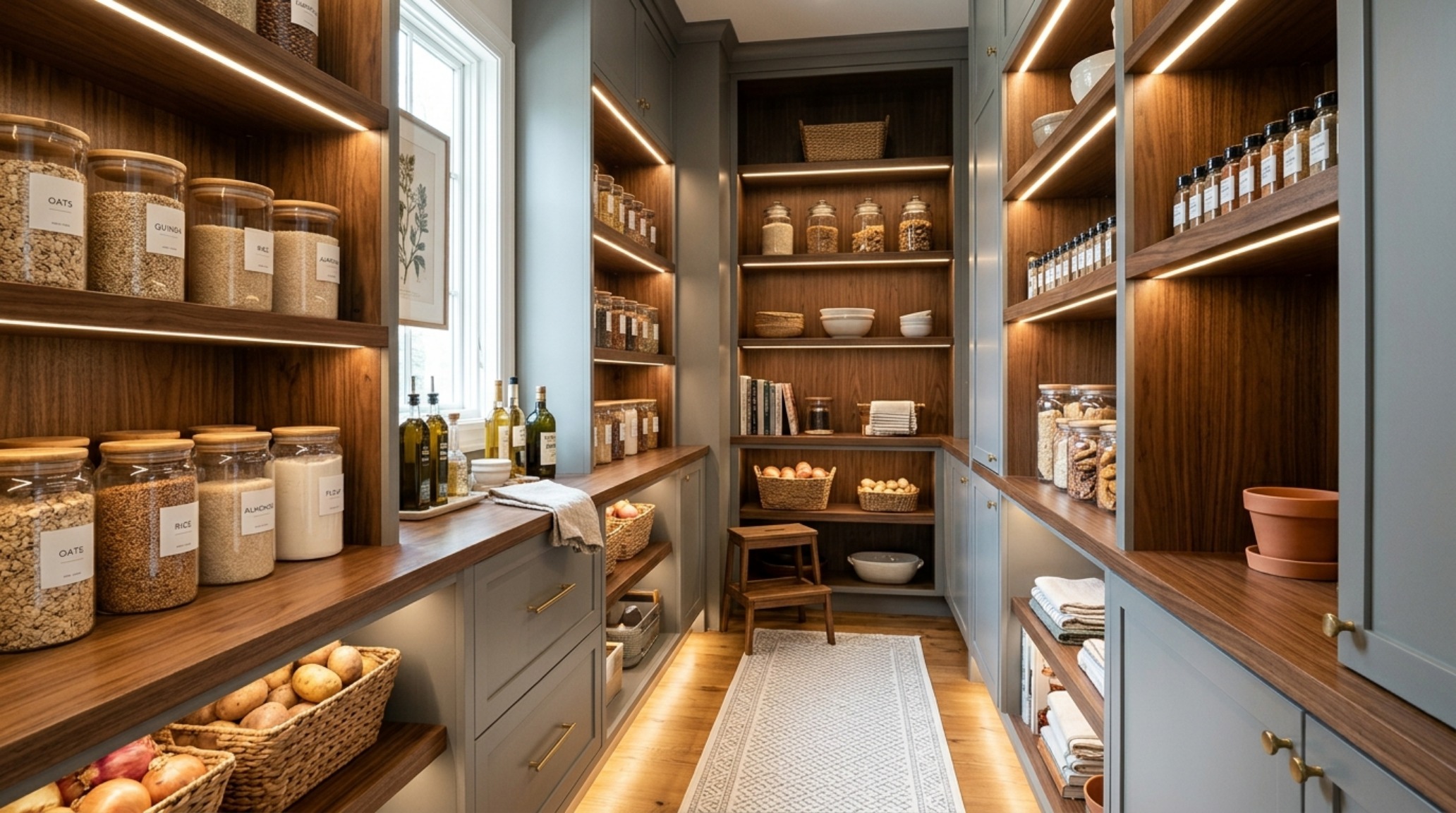 A sophisticated walk-in pantry featuring Benjamin Moore Metropolitan grey cabinetry and warm walnut shelving, demonstrating modern small pantry organization ideas with high-end finishes. A sophisticated walk-in pantry featuring Benjamin Moore Metropolitan grey cabinetry and warm walnut shelving, demonstrating modern small pantry organization ideas with high-end finishes.