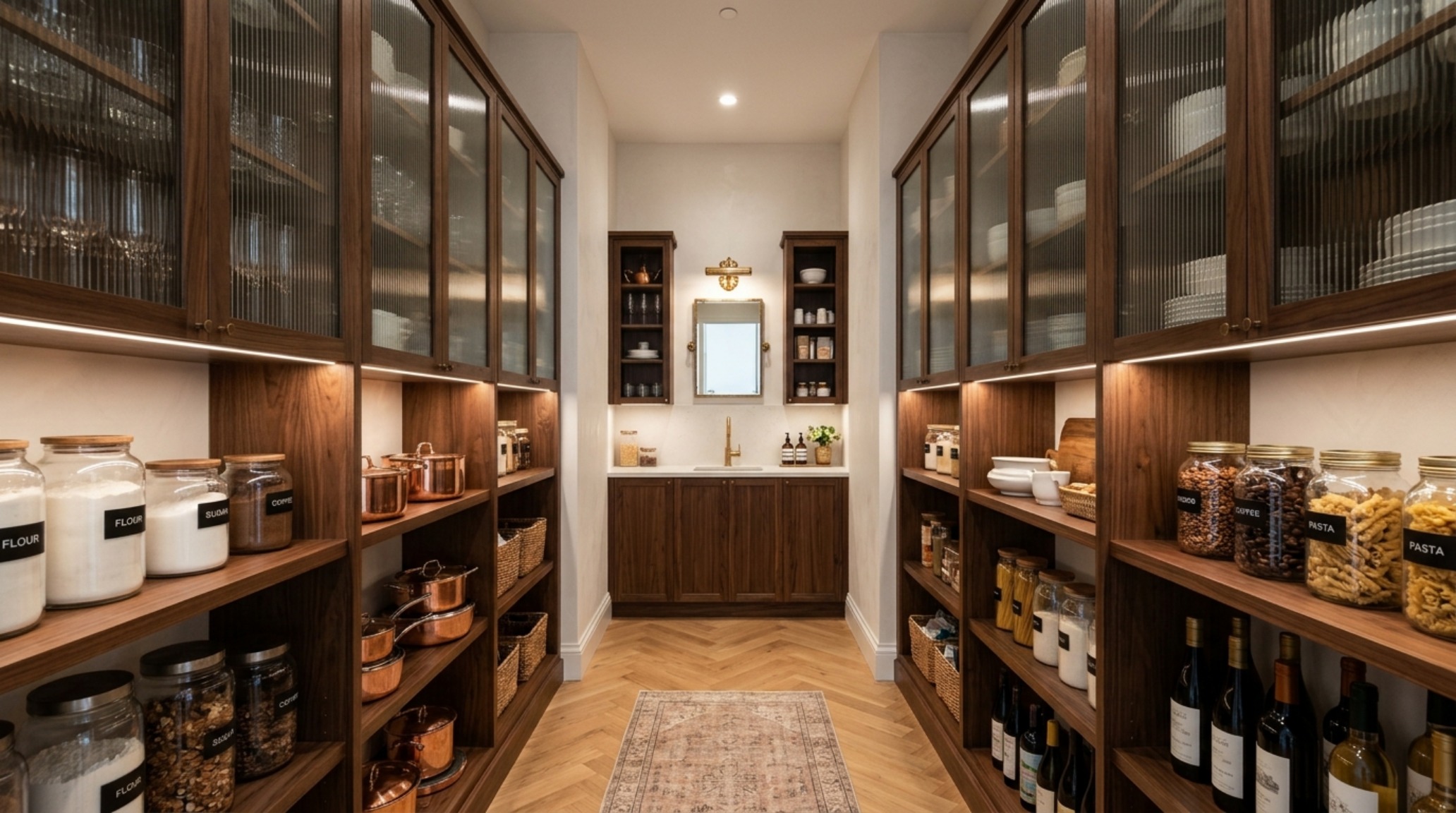 A wide-angle shot of a walk-in pantry with 36-inch walkway clearances, showing the spatial cadence of a professionally designed storage gallery. A wide-angle shot of a walk-in pantry with 36-inch walkway clearances, showing the spatial cadence of a professionally designed storage gallery.